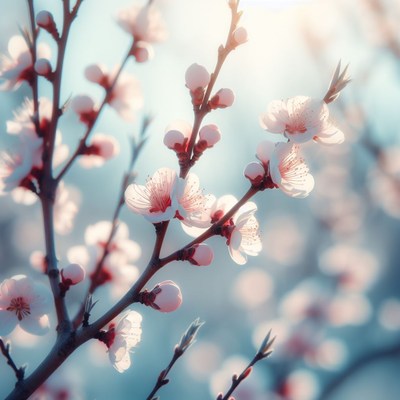 Blooming peach tree branch in spring sunlight
