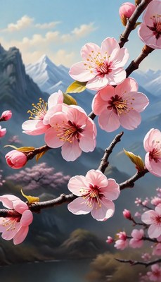 Pink cherry blossoms in mountain landscape