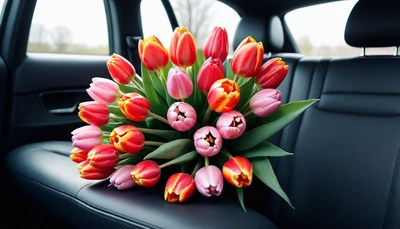 Tulip bouquet on car seat