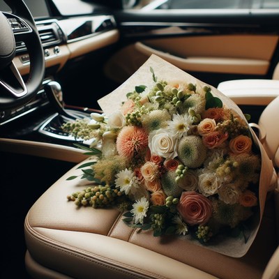 Flower bouquet inside car interior