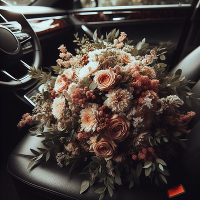 Wedding bouquet in car interior
