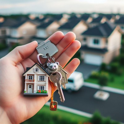 House keys held in hand against homes