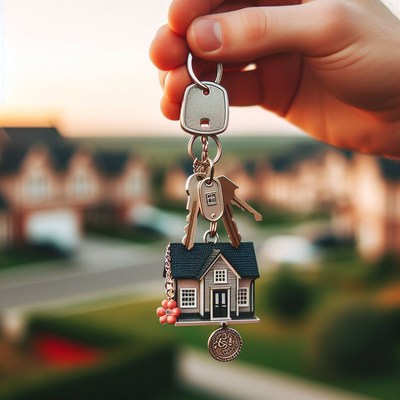 Hand holding house keychains against homes
