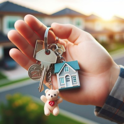 Hand holding house keychains