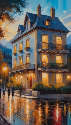 Couple walking past illuminated house at dusk