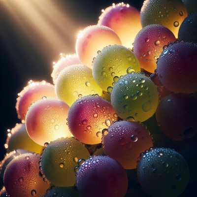 Dewy grapes illuminated by sunlight