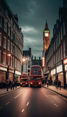London double-decker buses at dusk