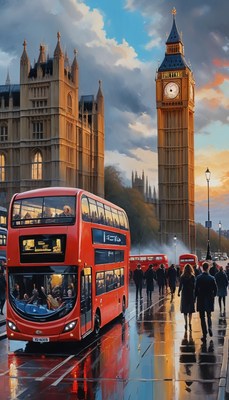 London double-decker busses under big ben