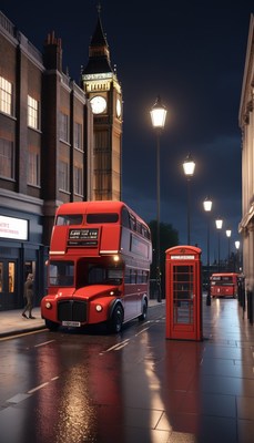 Red bus and big ben at night