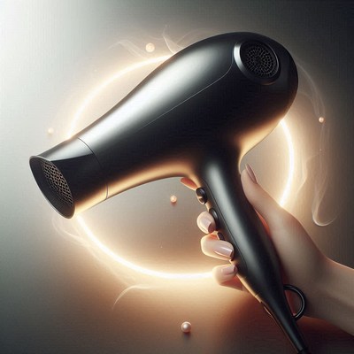 Black hair dryer held in hand