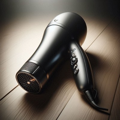 Black hair dryer on wooden surface