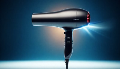 Black hair dryer on blue background