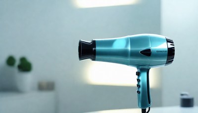 Blue hair dryer on table