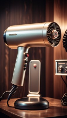 Silver hair dryer on wooden table