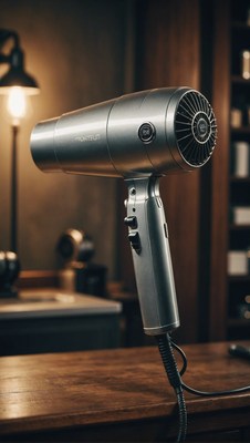 Silver hair dryer on wooden table