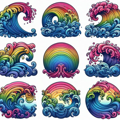 Colorful rainbow ocean wave illustrations