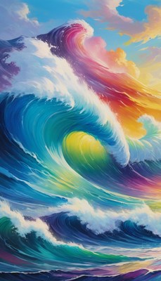 Colorful ocean waves at sunset