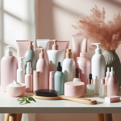 Beauty products on white table