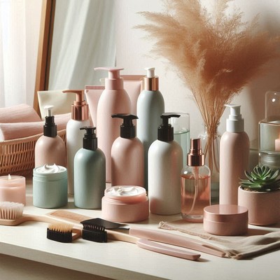 Bathroom countertop with skincare products