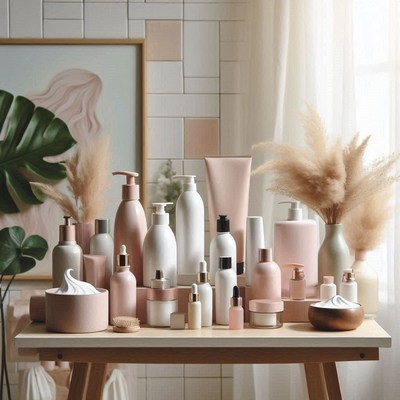 Bathroom products displayed on table