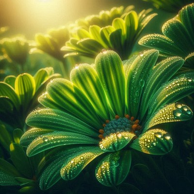 Dew-covered flower in sunlight
