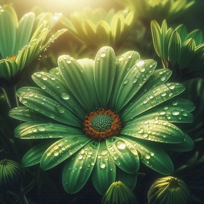 Green daisy with dewdrops in sunlight