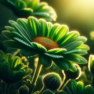 Dewy green daisy in sunlight