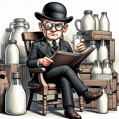 Man reading in a chair surrounded by milk bottles