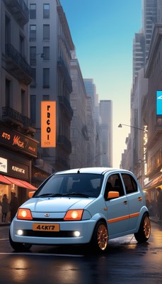 Blue car driving on city street at dusk