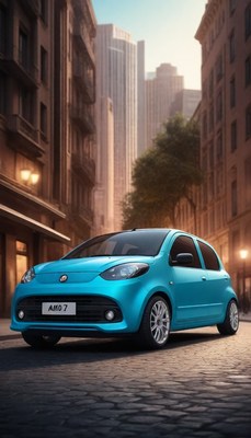 Blue car parked on cobblestone street