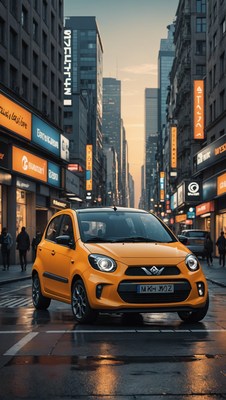 Yellow car driving through city street
