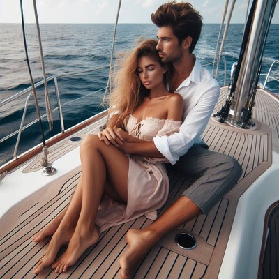 Couple embracing on yacht deck
