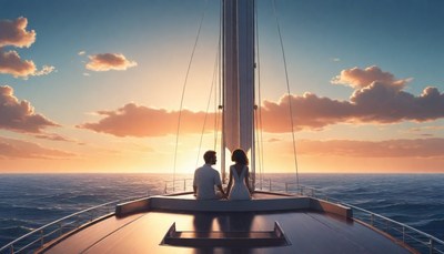 Couple enjoying sunset on sailboat