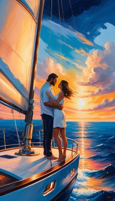 Couple embraces on yacht at sunset