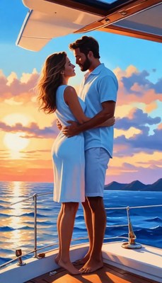 Couple embracing at sunset on boat