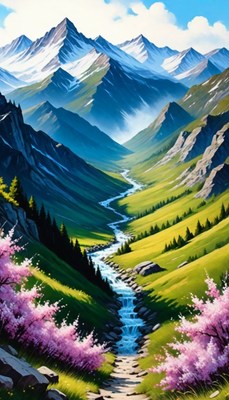 Mountain stream and spring flowers