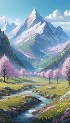 Mountain valley with spring flowers