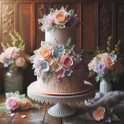 Two-tier floral wedding cake