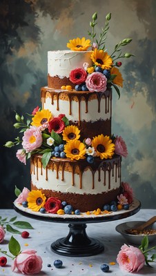 Three-tier cake with flowers and drizzle