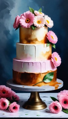 Three-Tier Wedding Cake with Pink Daisies