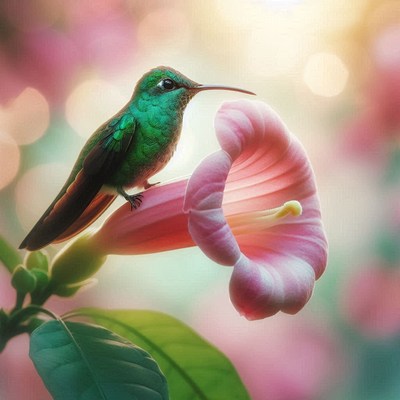 Hummingbird perched on pink flower