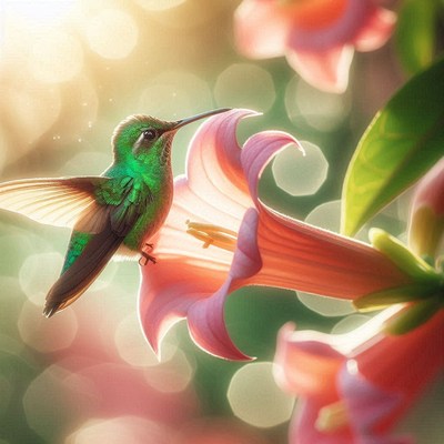 Hummingbird feeding on flower