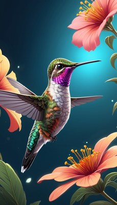 Hummingbird in flight near pink flowers