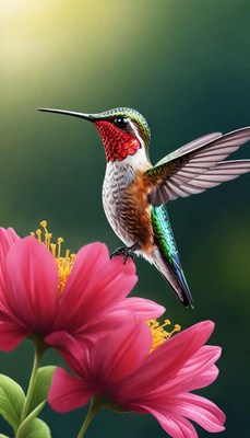 Hummingbird feeding on pink flowers