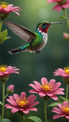 Hummingbird flying past pink flowers