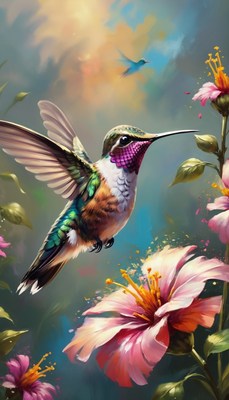 Hummingbird near pink flower
