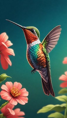 Hummingbird hovering near pink flowers