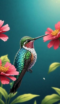 Hummingbird perched on pink flower