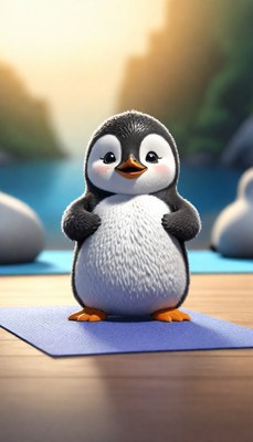 Penguin yoga pose on blue mat