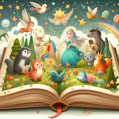 Princess and animals in open book illustration